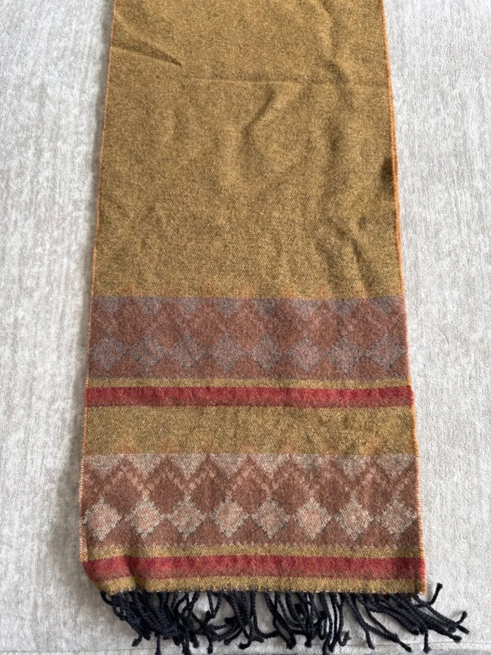 Crunchy Earthy Aztec Geometric Pattern Wool Scarf Reversible Orange Yellow